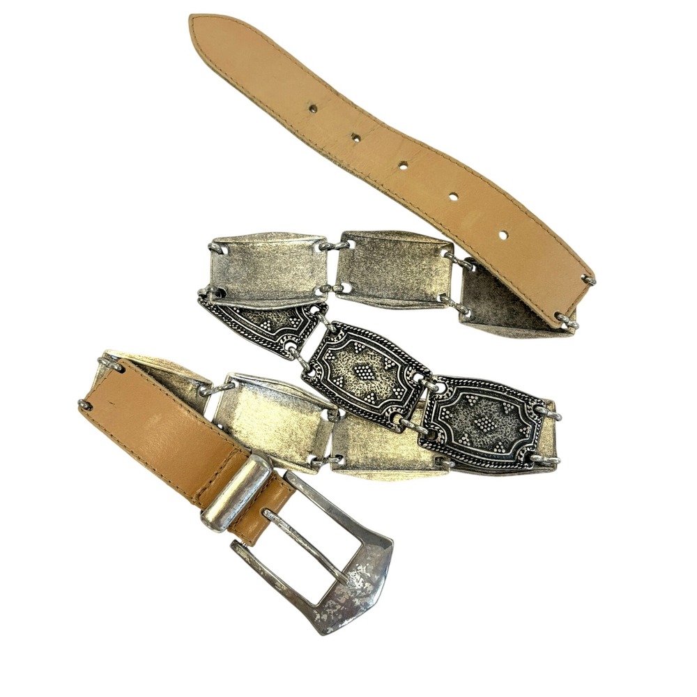 VTG The Limited Genuine Leather Tan Belt Silver Ornate Western Buckle Boho M